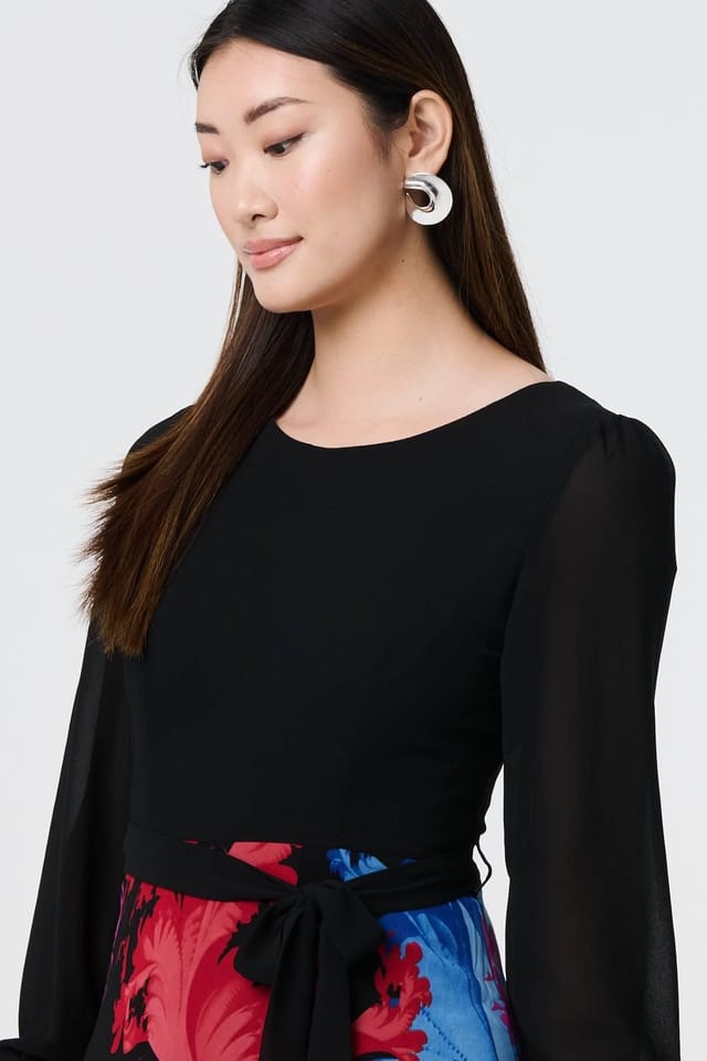 Izabel London Izabel London Women's Floral Contrast Print Tie Waist Midi Dress in Black - 2