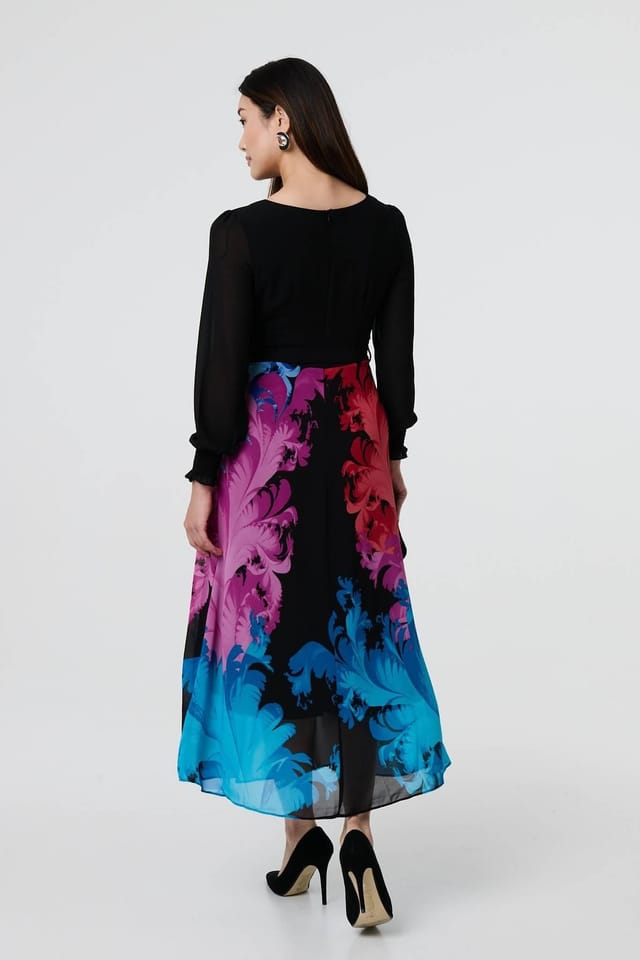 Izabel London Izabel London Women's Floral Contrast Print Tie Waist Midi Dress in Black - 3