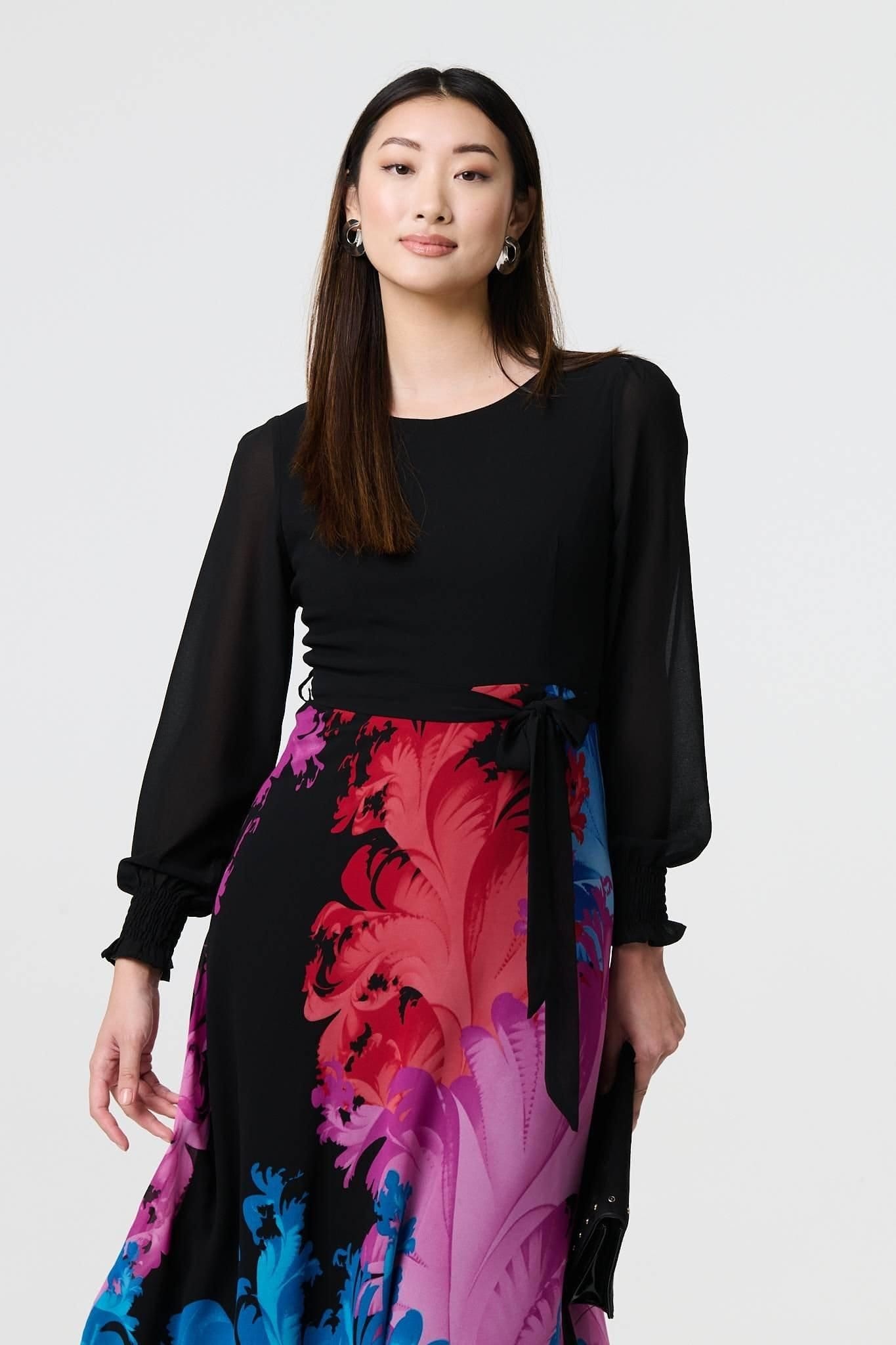 Izabel London Izabel London Women's Floral Contrast Print Tie Waist Midi Dress in Black - 4