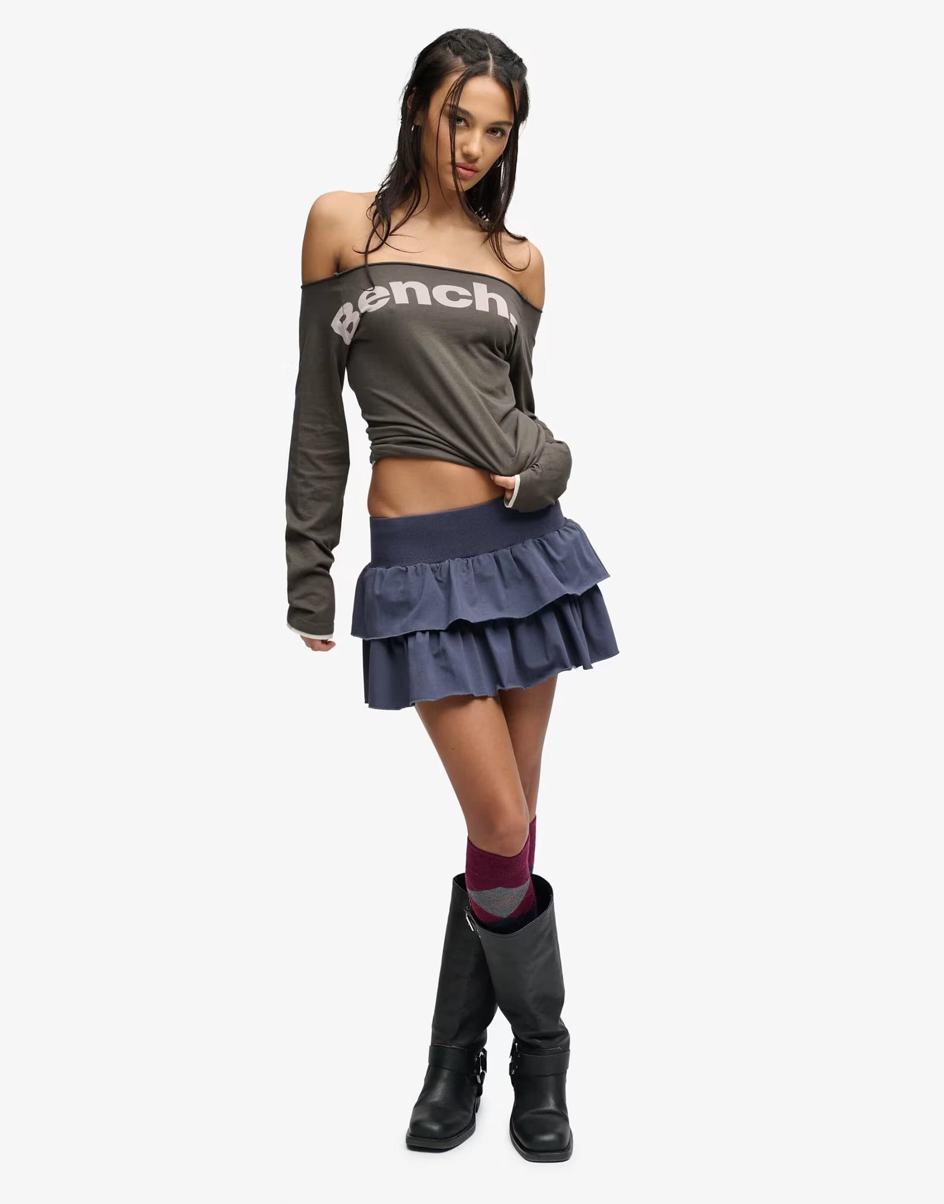 ASOS Bench x Superdry & Co Low rise tiered skirt in crt navy/ moonmist