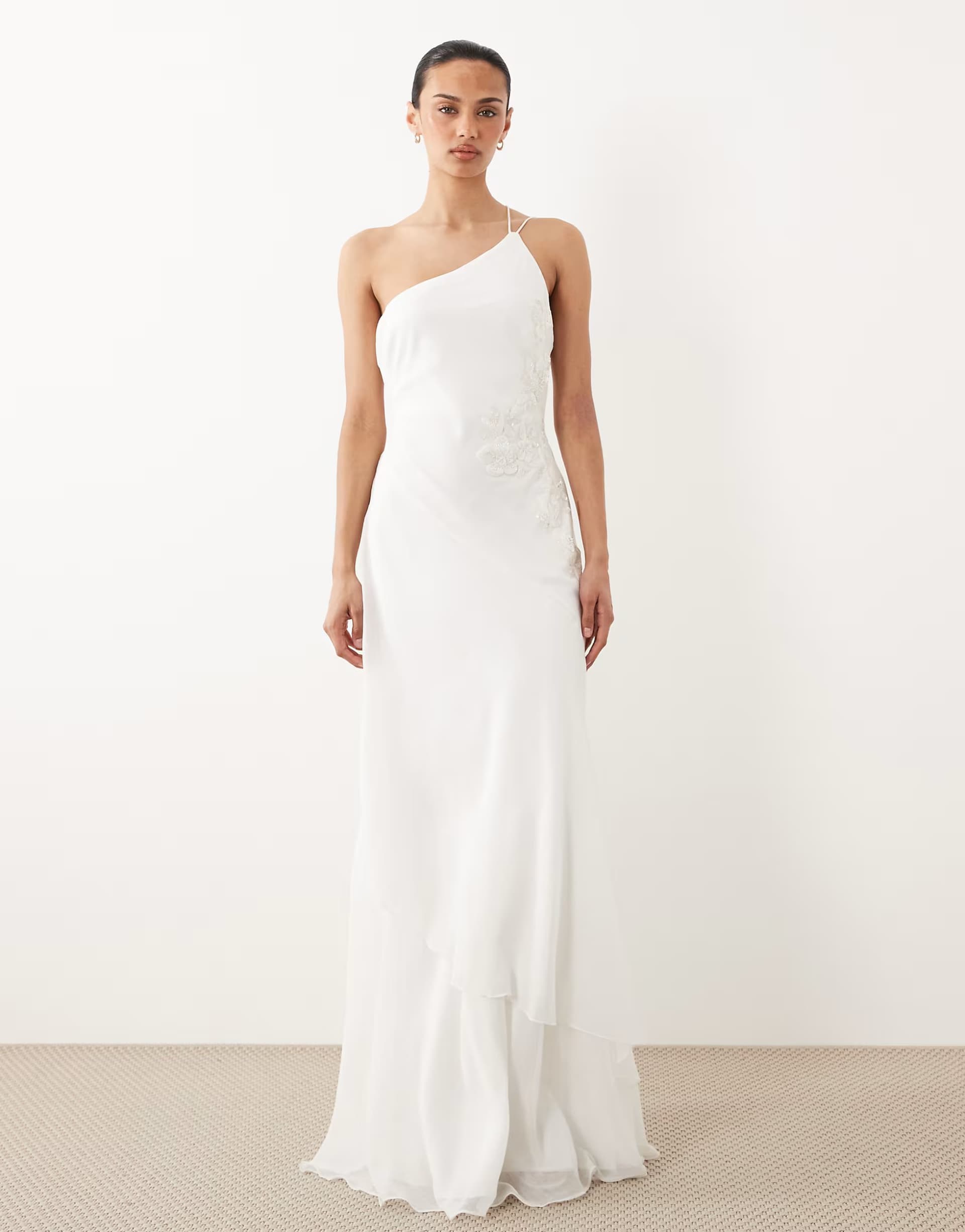 ASOS Six Stories chiffon one shoulder embellished detail tiered maxi dress in white