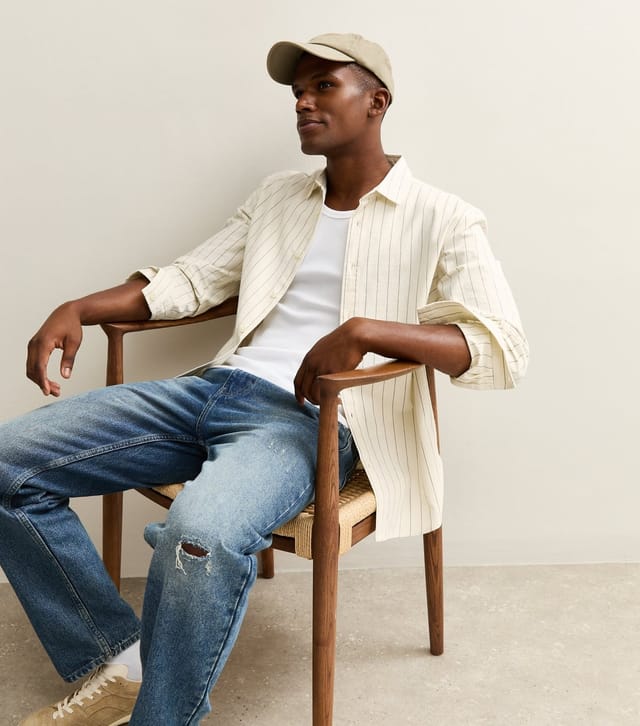 New Look Men's Off White Relaxed Fit Fine Stripe Woven Overshirt New Look - 2