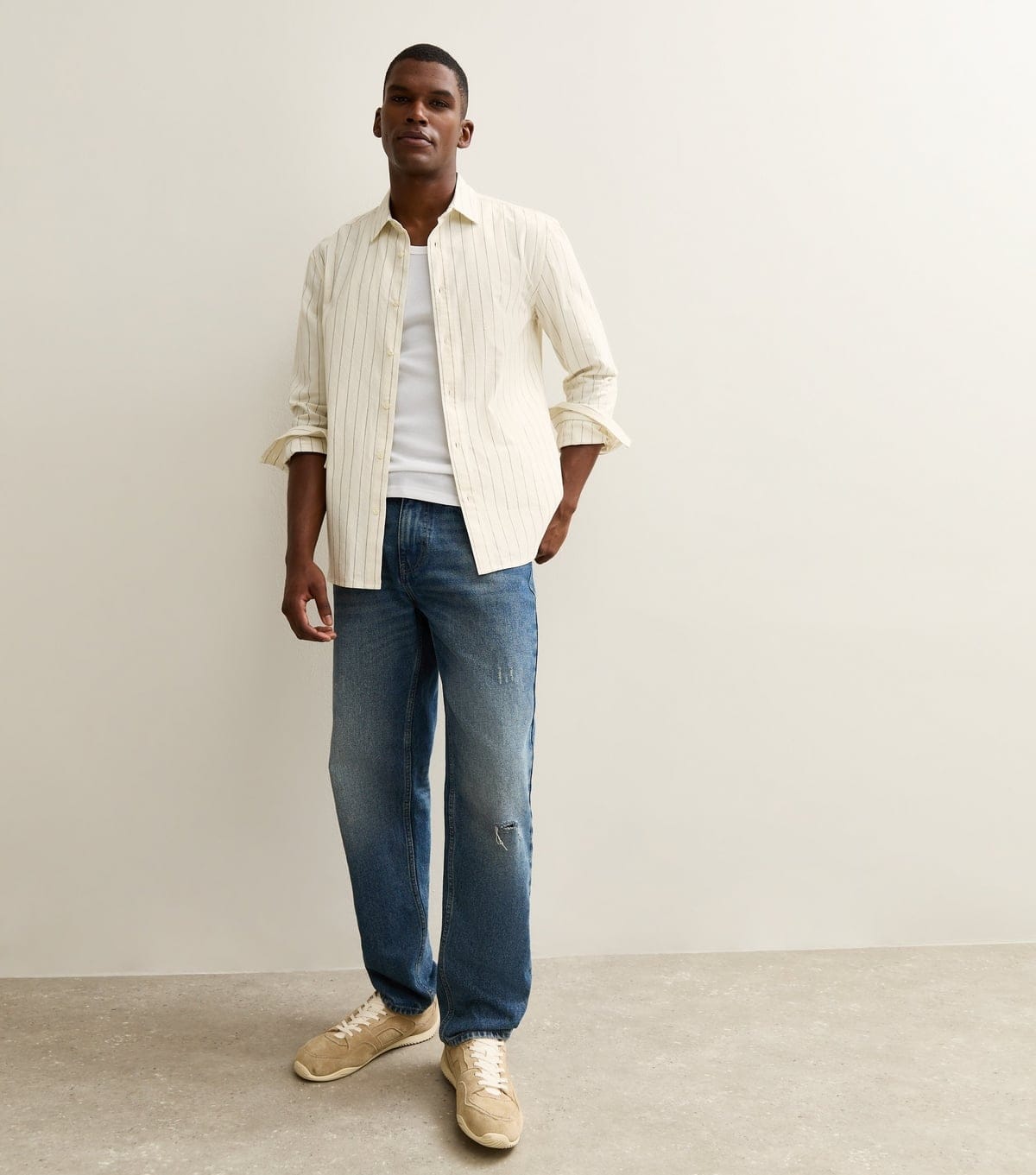 New Look Men's Off White Relaxed Fit Fine Stripe Woven Overshirt New Look - 4