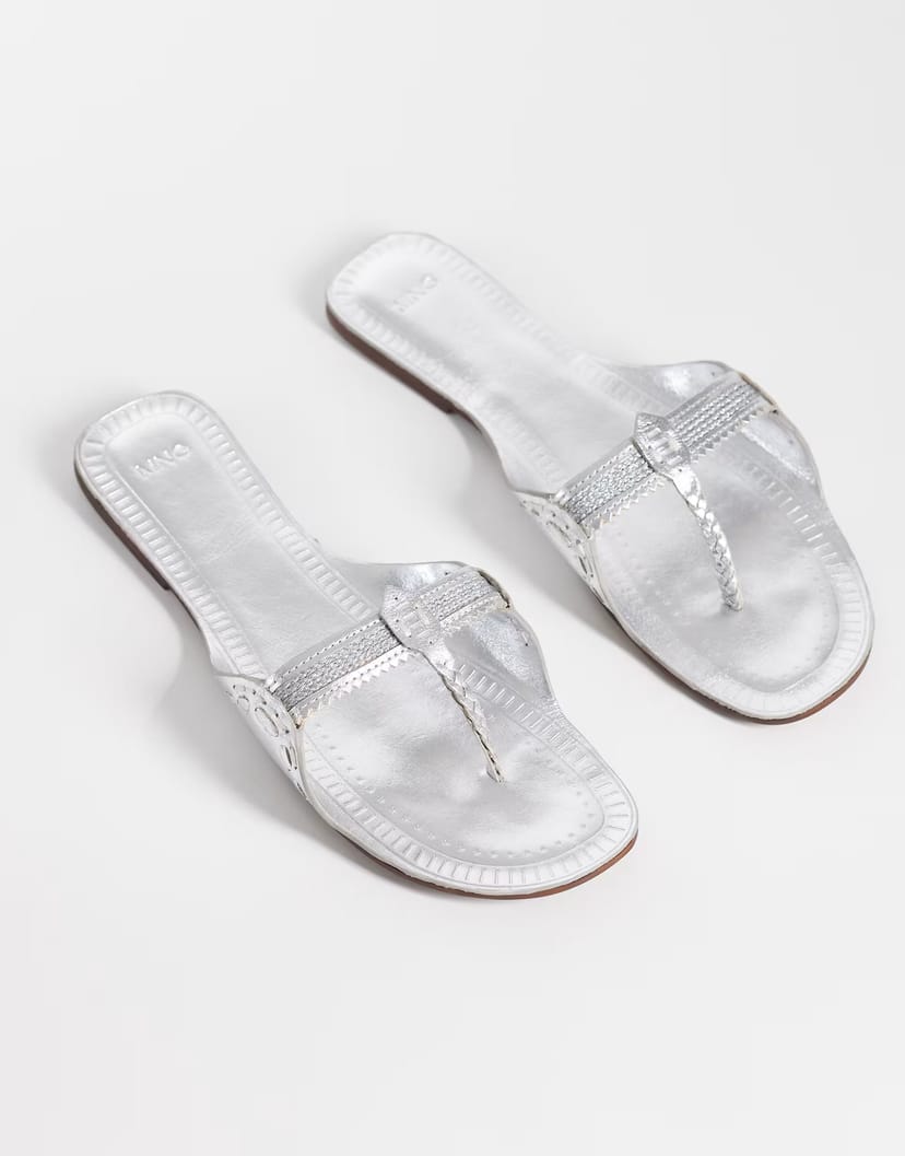 ASOS Mango 100% leather flip flop sandal in silver - 1
