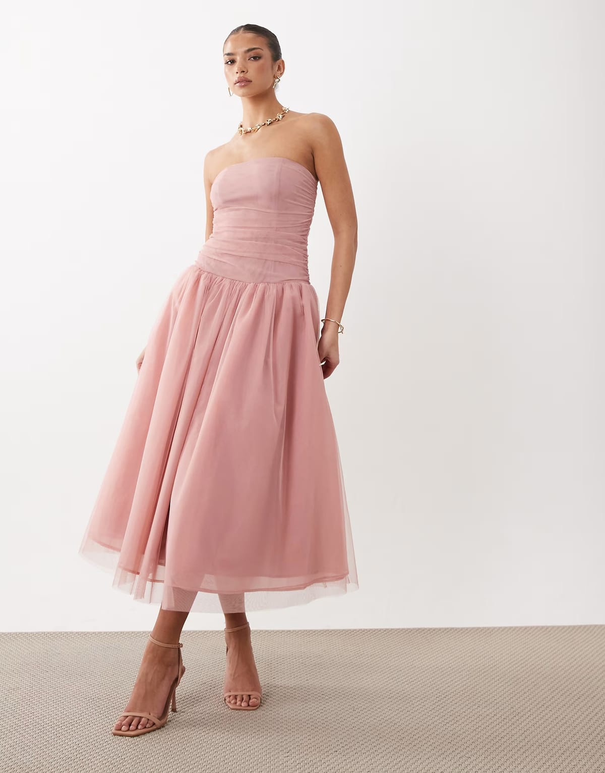 ASOS Rare London bandeau ruched tulle midaxi dress in light pink - 1