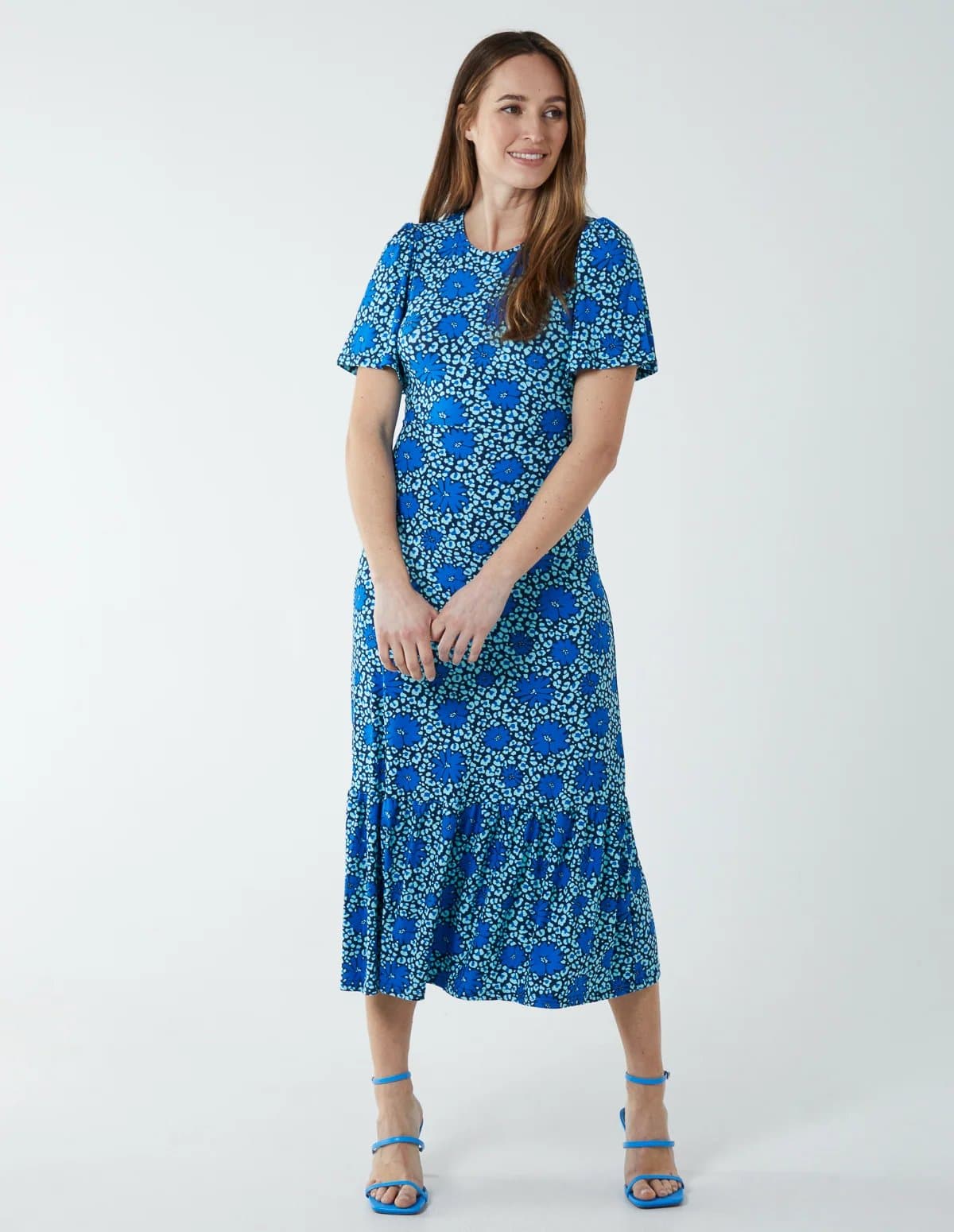 Blue Vanilla Crew Neck Midi Angel Sleeve Tie Open Back Dress