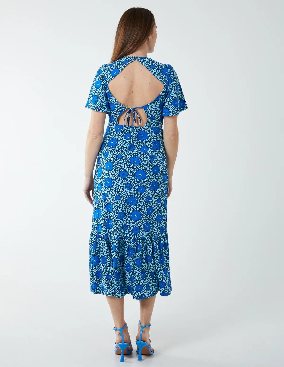 Blue Vanilla Crew Neck Midi Angel Sleeve Tie Open Back Dress - 4