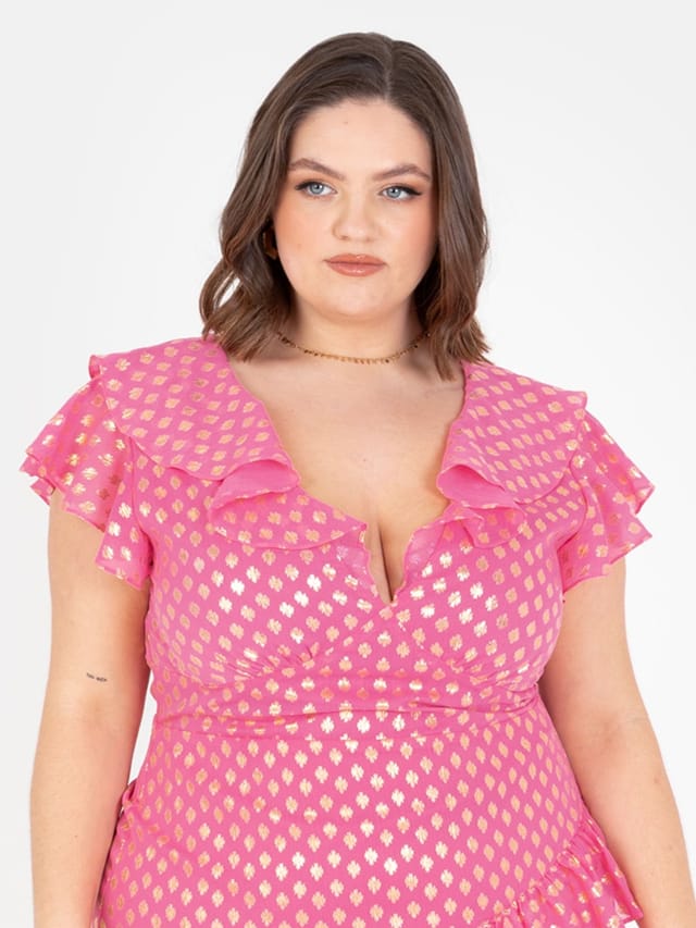 Lovedrobe Lovedrobe Women's Flutter Sleeve V Neck Ruffle Midaxi Dress in Pink - 2