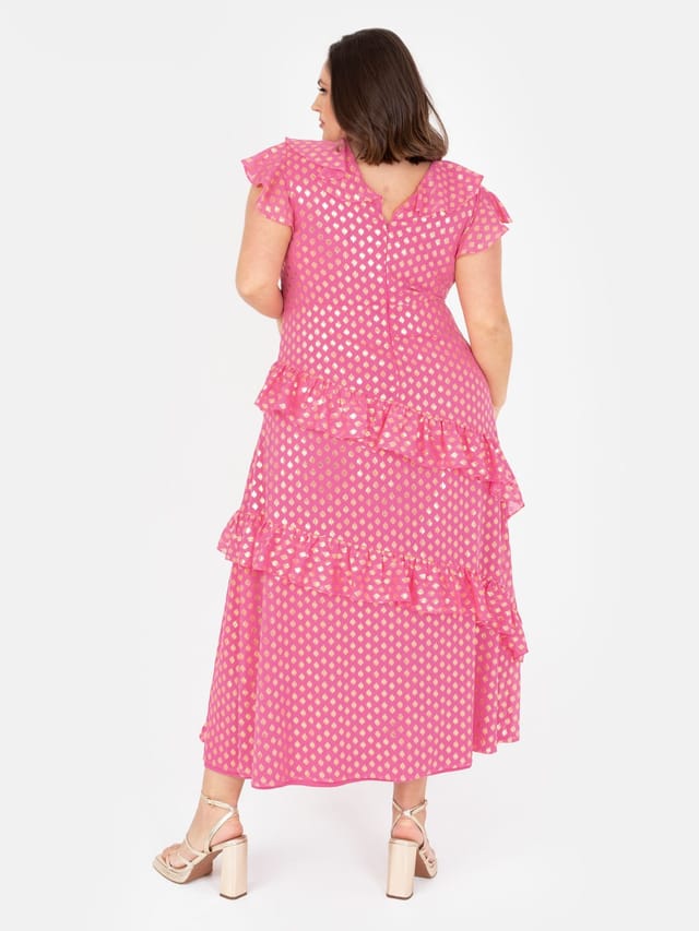 Lovedrobe Lovedrobe Women's Flutter Sleeve V Neck Ruffle Midaxi Dress in Pink - 3
