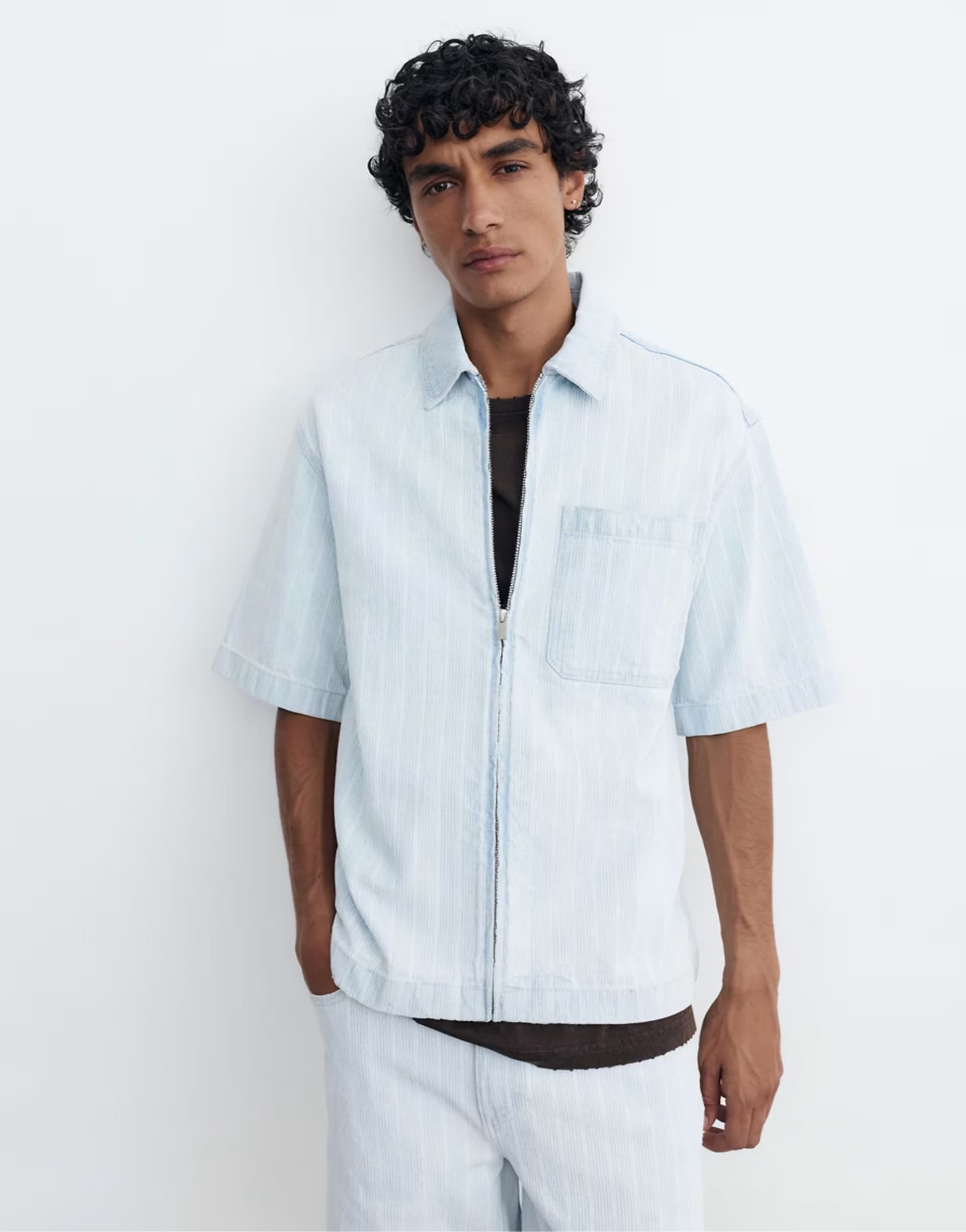 ASOS Pull&Bear Denim shirt with zip in pale blue