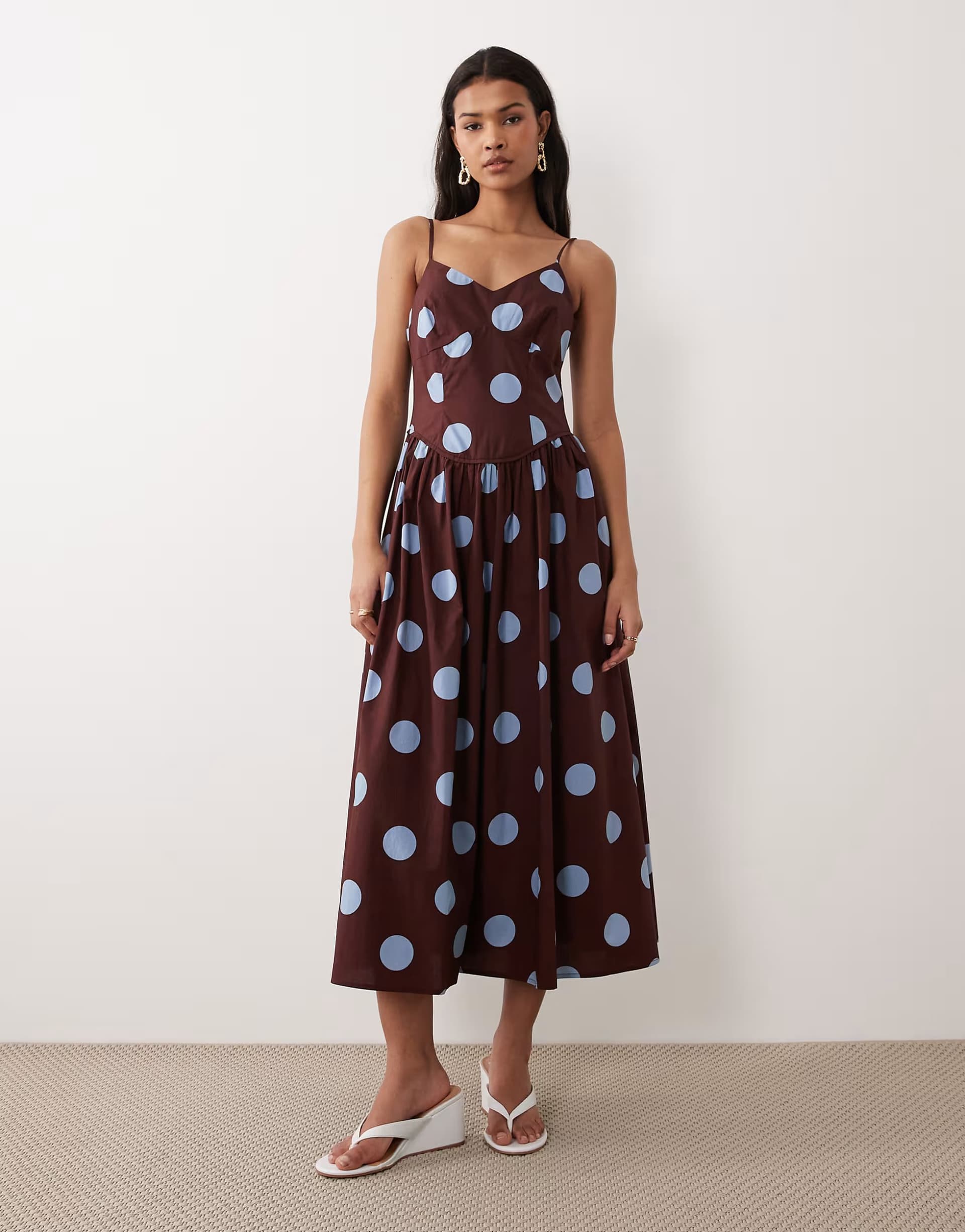 ASOS Nobody's Child Renley occasion cotton rich slip midi dress in brown and blue polka dot