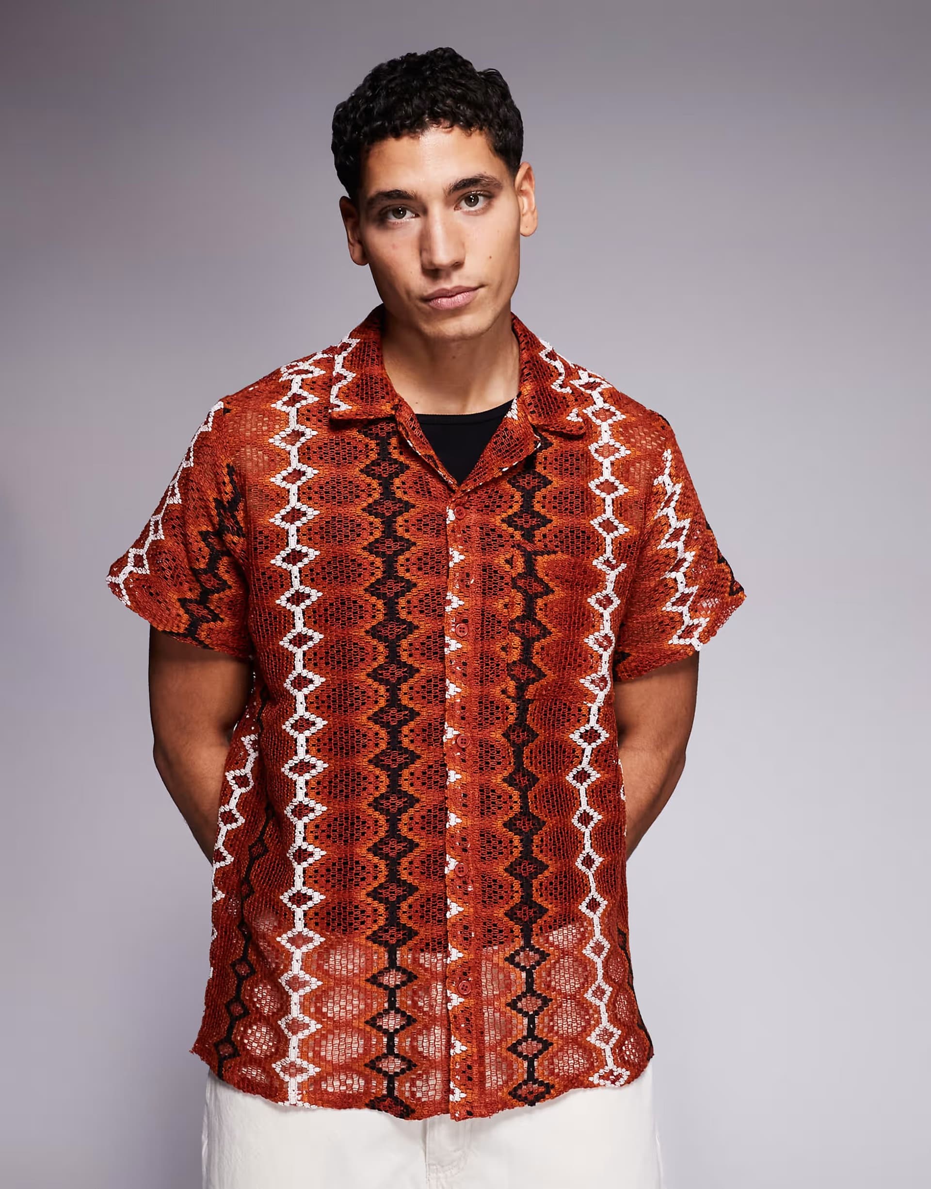 ASOS South Beach crochet stripe shirt in burgundy