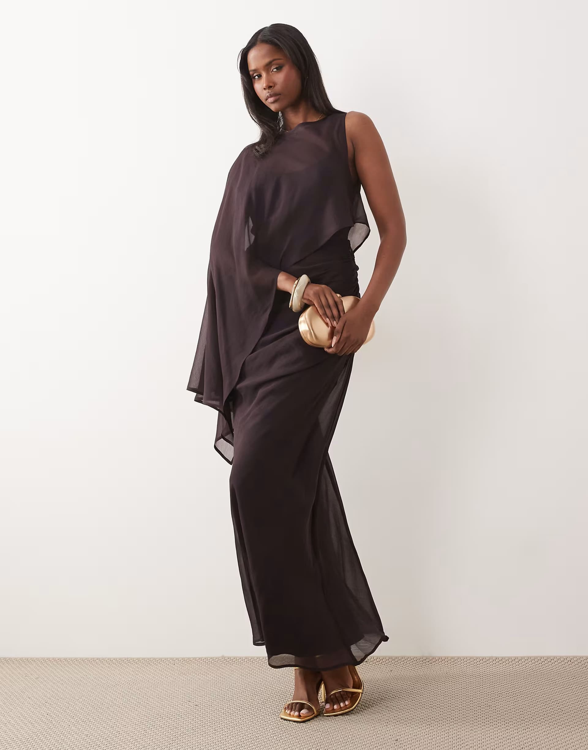 ASOS ASOS DESIGN draped batwing asymmetric one sleeve maxi dress in dark chocolate