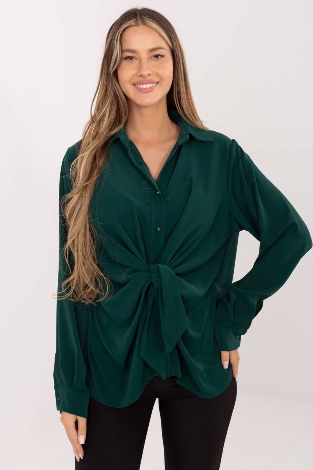 Love Lace Love Lace Women's Long Sleeve Classic Polyester Tie Front Shirt in Green