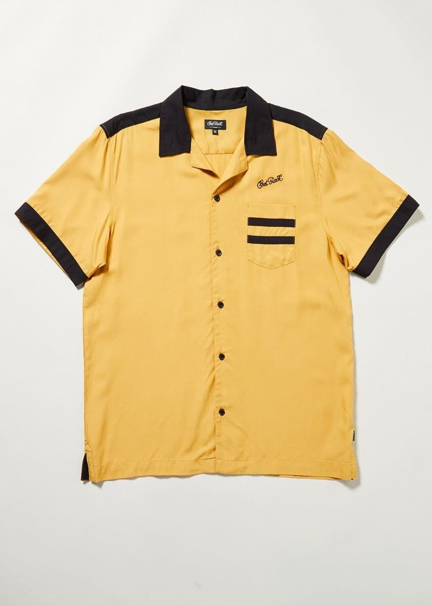 Chet Rock Men's Mustard Black Bowling Shirt Aces High Print