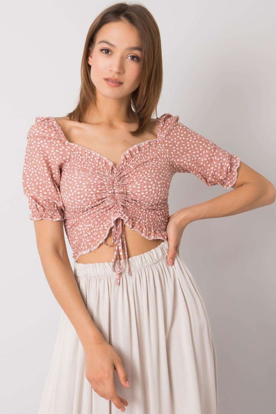 Love Lace Love Lace Women's Short Fitted V Neck Blouse with Binding in Pink