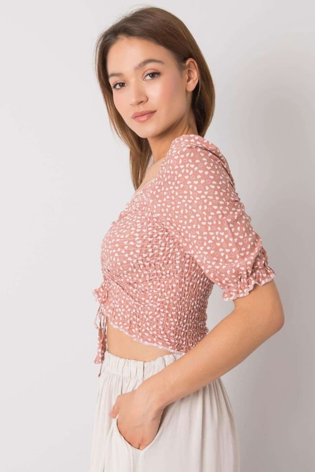 Love Lace Love Lace Women's Short Fitted V Neck Blouse with Binding in Pink - 2