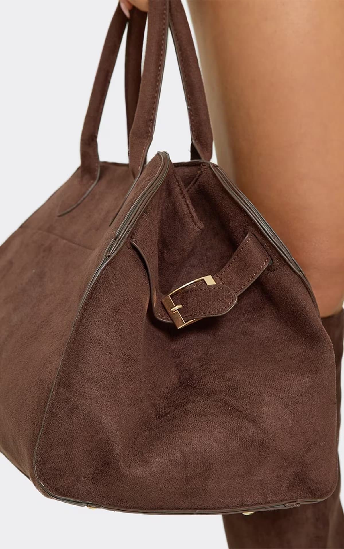 EGO Edwin Side Buckle Shaped Grab Bag In Brown Faux Suede, Women's Size UK 0