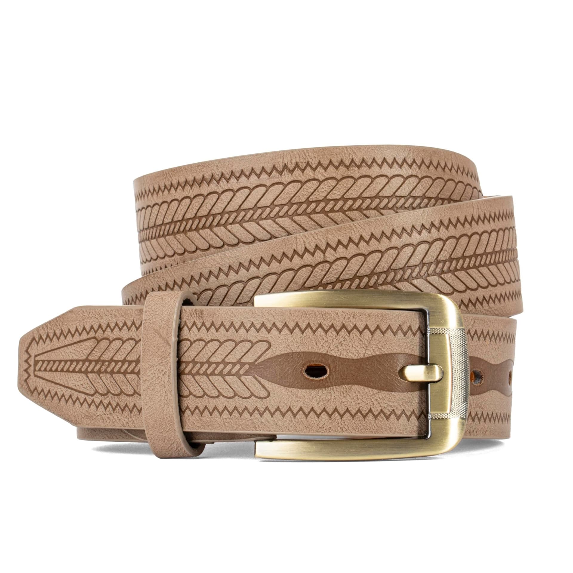 Woodland Leathers Woodland Leathers Men's Men's Leather Lined 1.25″ Engraved Belt, Brass Buckle in Beige