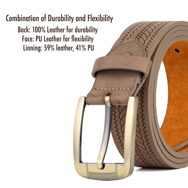 Woodland Leathers Woodland Leathers Men's Men's Leather Lined 1.25″ Engraved Belt, Brass Buckle in Beige - 3