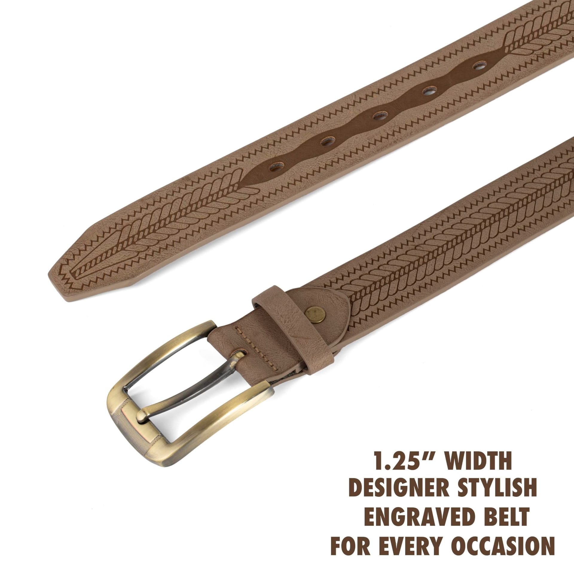 Woodland Leathers Woodland Leathers Men's Men's Leather Lined 1.25″ Engraved Belt, Brass Buckle in Beige - 4