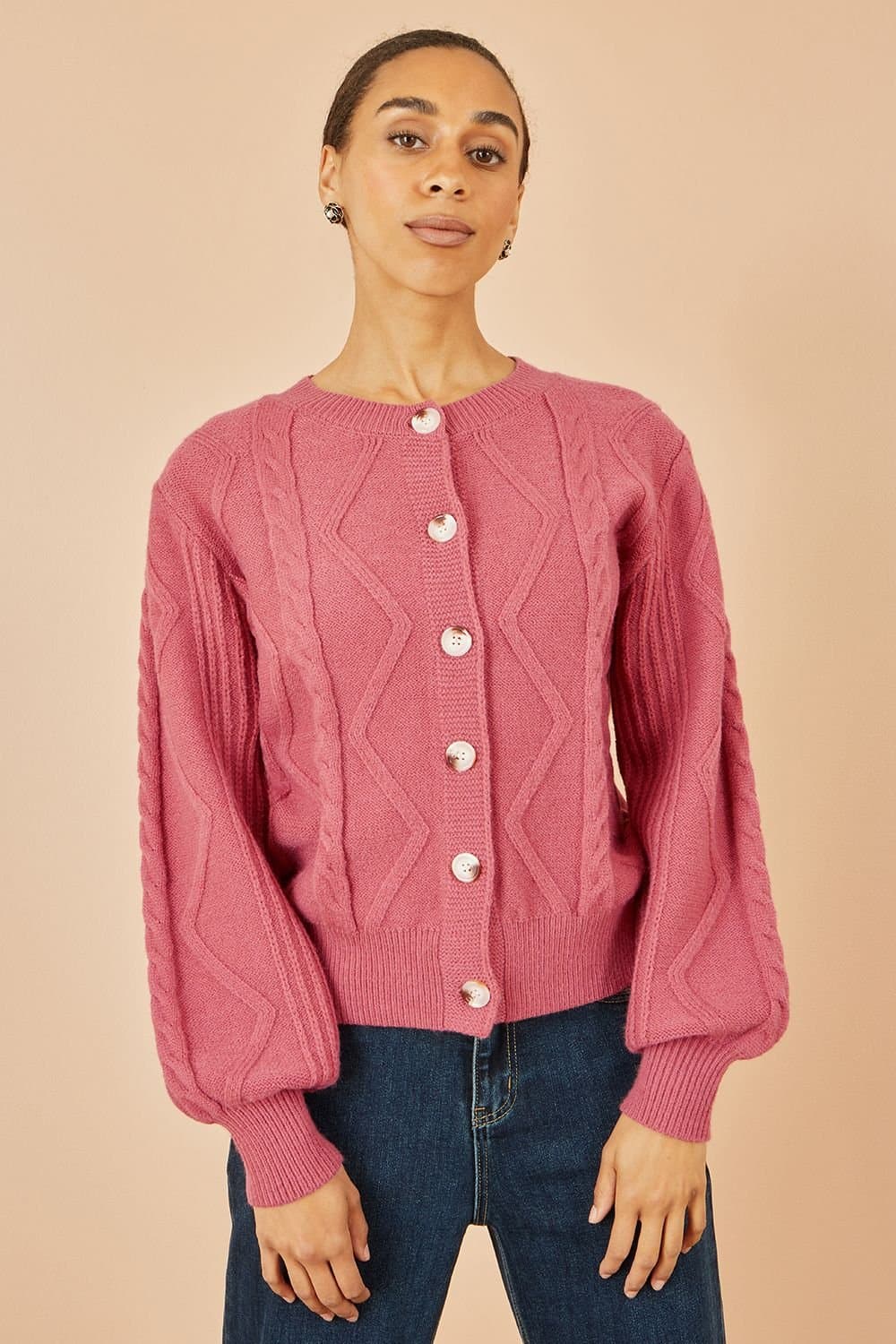Yumi Yumi Women's Pink Relaxed Fit Cable Cardigan