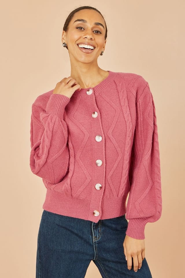 Yumi Yumi Women's Pink Relaxed Fit Cable Cardigan - 2
