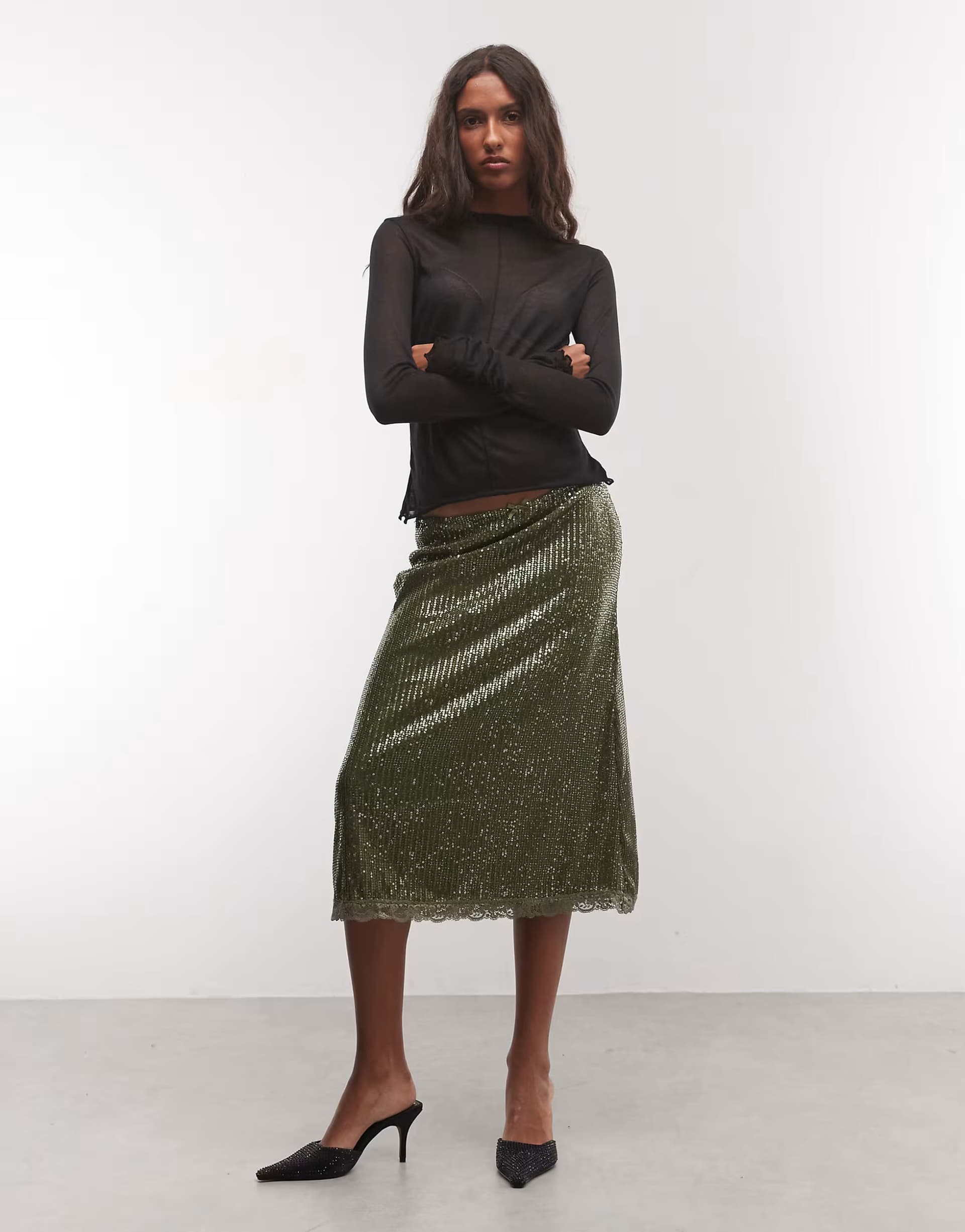 ASOS Reclaimed Vintage sequin 90s length skirt in khaki