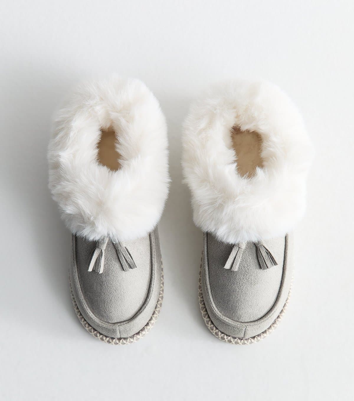 New Look Women's Grey Faux Suede Stitch Trim Faux Fur Lined Slipper Boots Vegan New Look