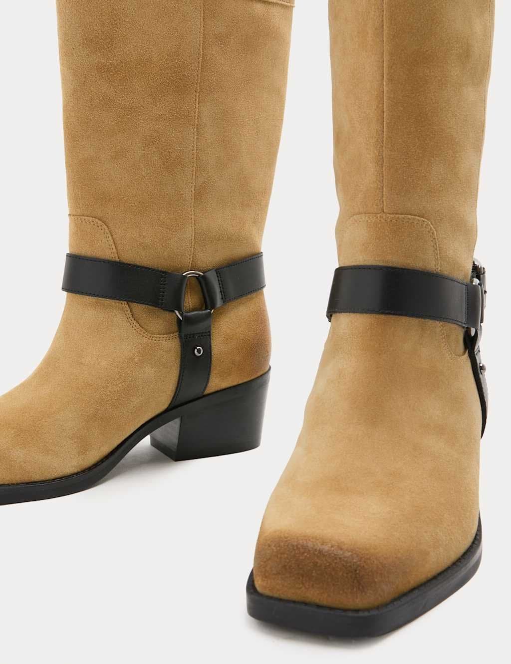 Marks & Spencer M&S Suede Mid Calf Buckle Block Heel Boots Sand