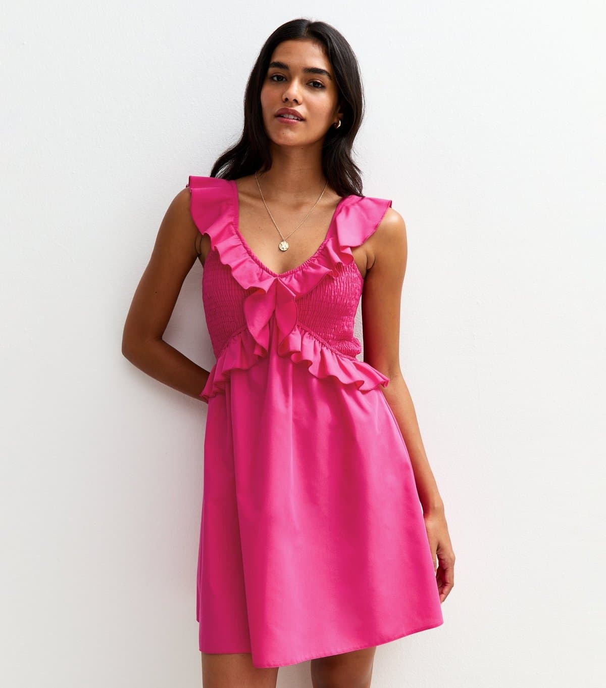 New Look Women's Bright Pink Striped Print Ruffle Trim Shirred Mini Dress New Look