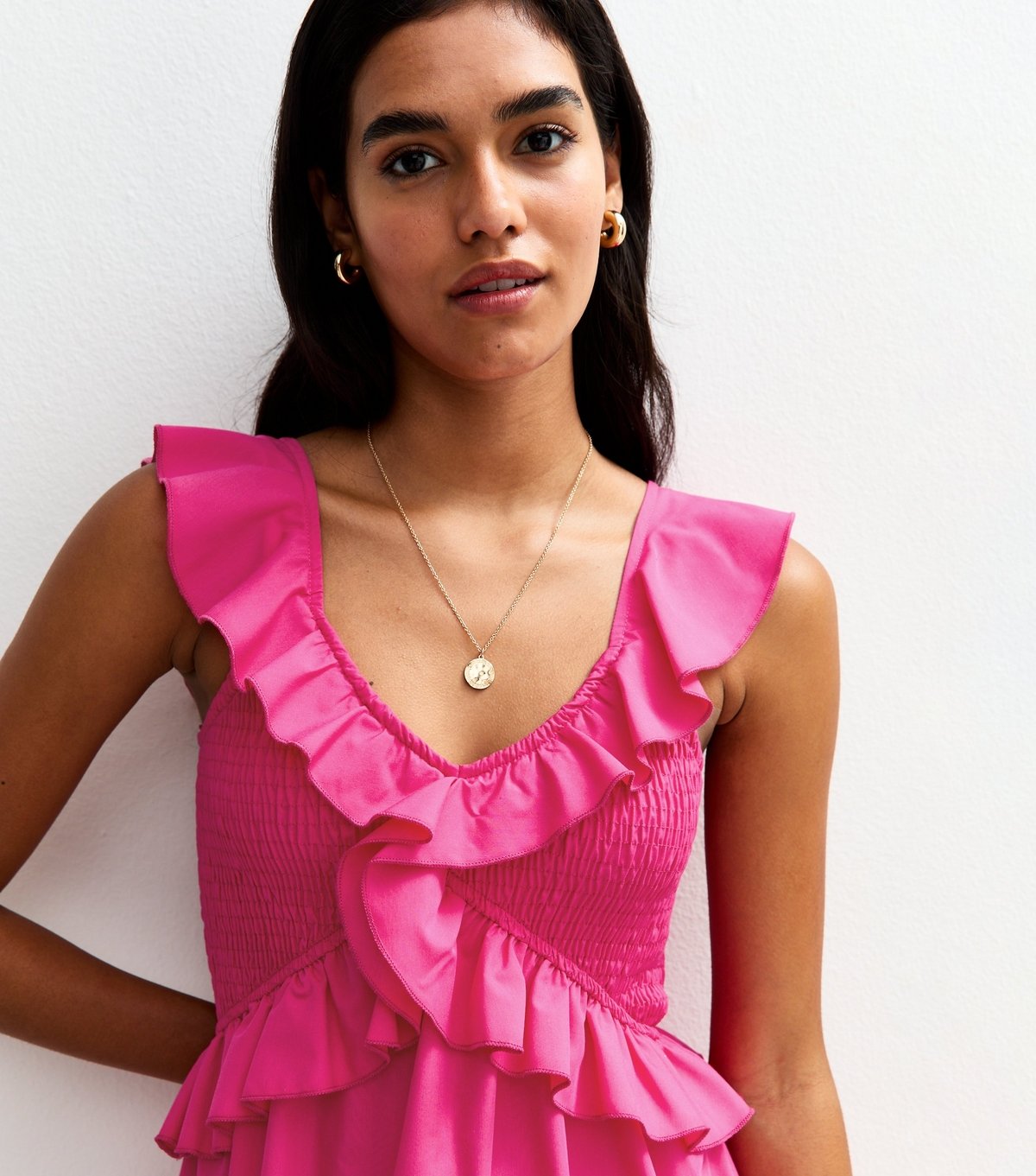 New Look Women's Bright Pink Striped Print Ruffle Trim Shirred Mini Dress New Look - 2