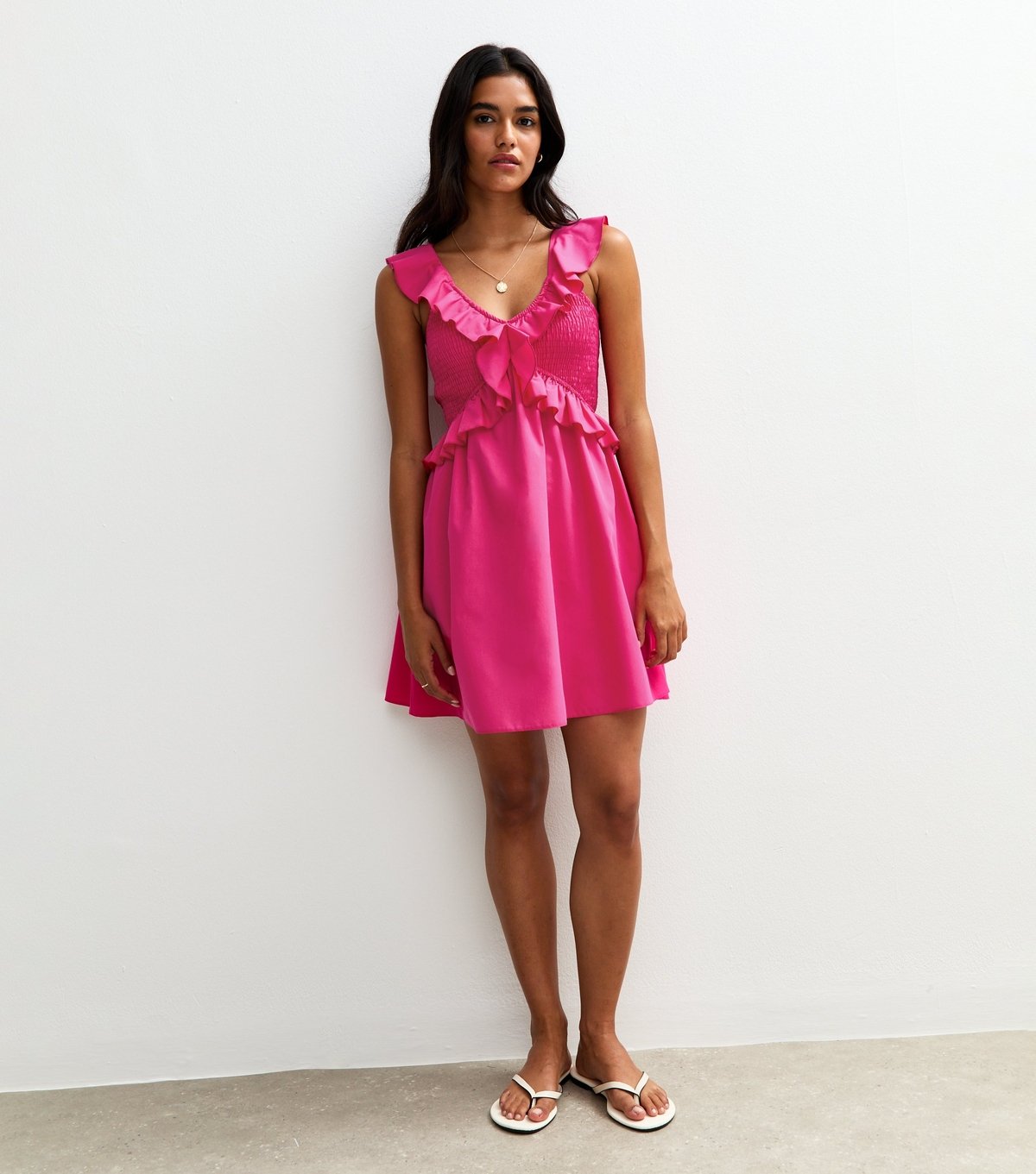 New Look Women's Bright Pink Striped Print Ruffle Trim Shirred Mini Dress New Look - 3