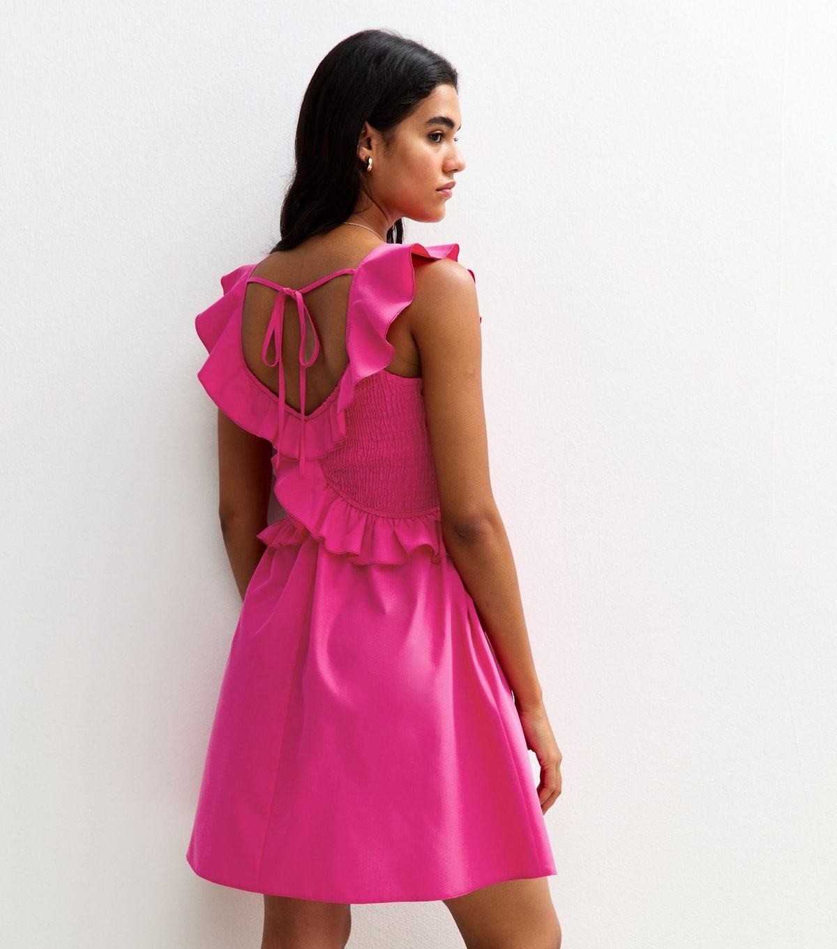 New Look Women's Bright Pink Striped Print Ruffle Trim Shirred Mini Dress New Look - 4