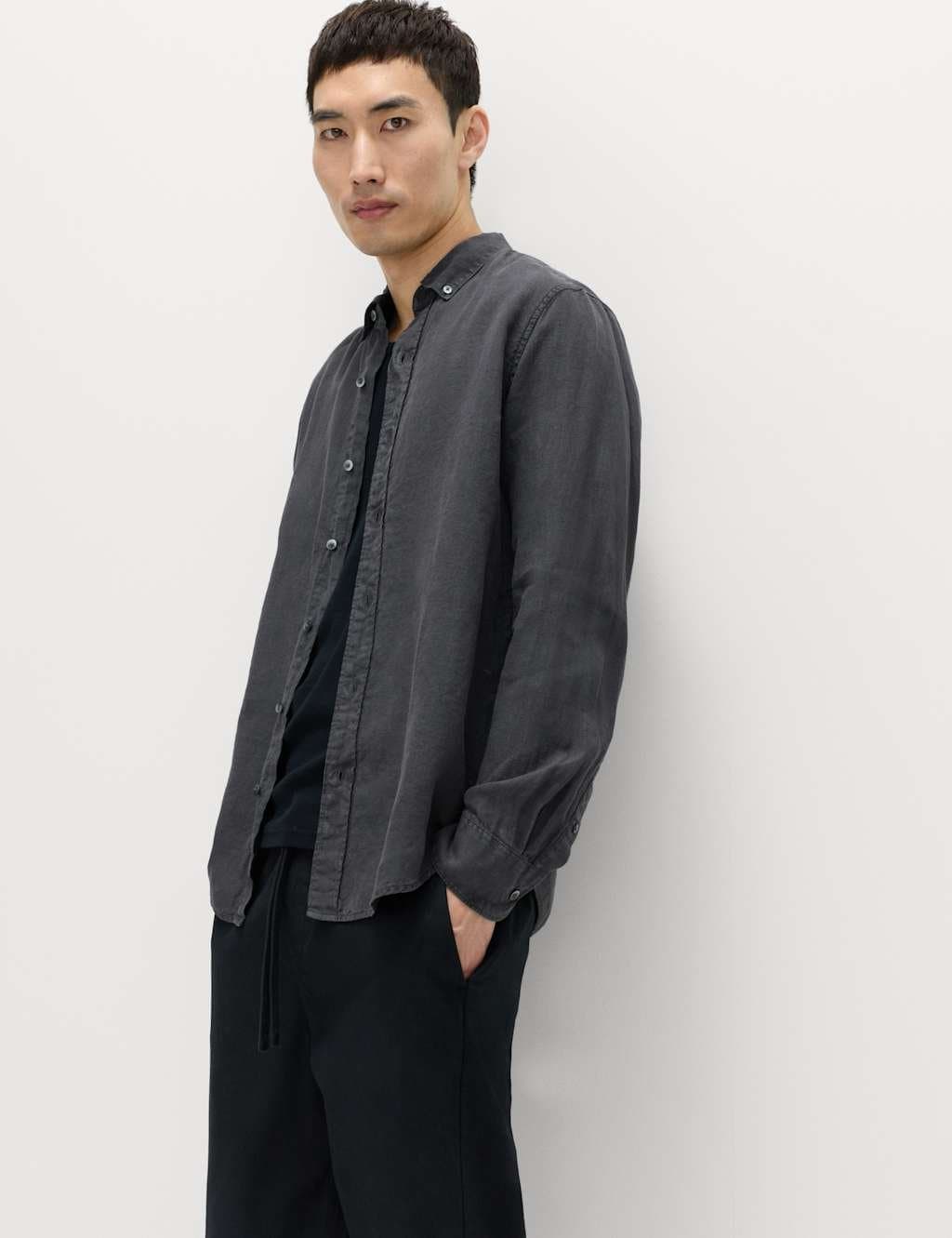 Marks & Spencer M&S Charcoal Linen Garment Dye Shirt