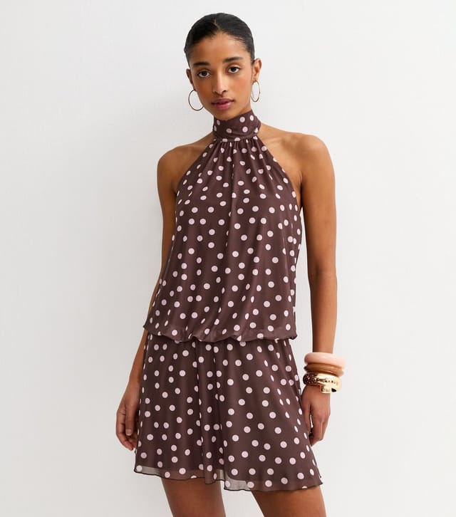 New Look Women's Brown Polka Dot Scarf Trim Halter Neck Mini Dress New Look - 2