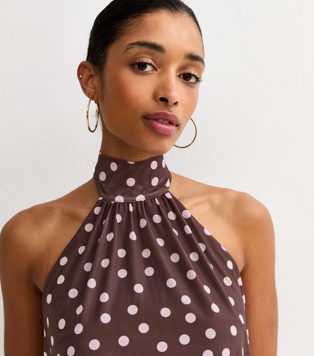 New Look Women's Brown Polka Dot Scarf Trim Halter Neck Mini Dress New Look - 3