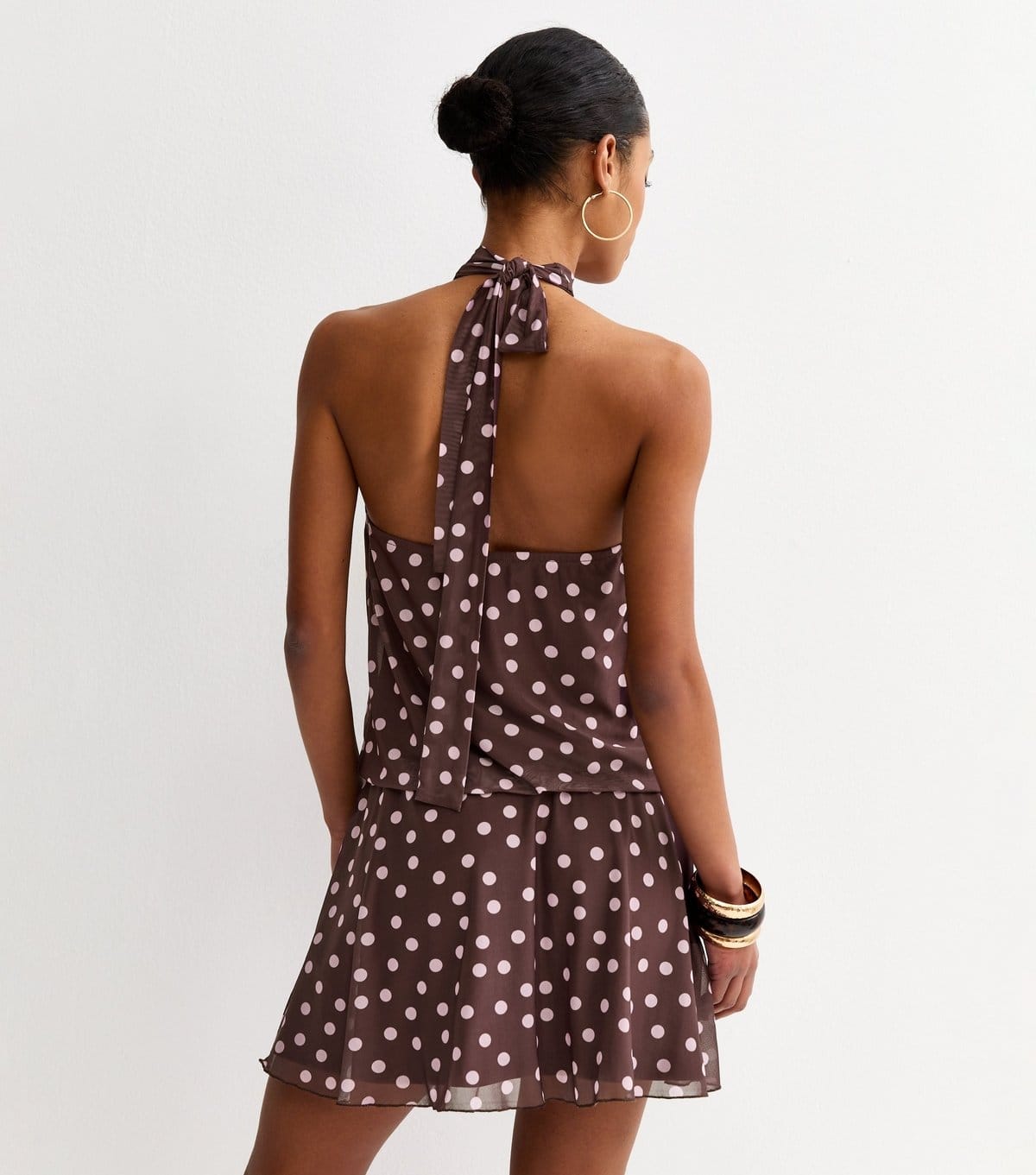 New Look Women's Brown Polka Dot Scarf Trim Halter Neck Mini Dress New Look - 4