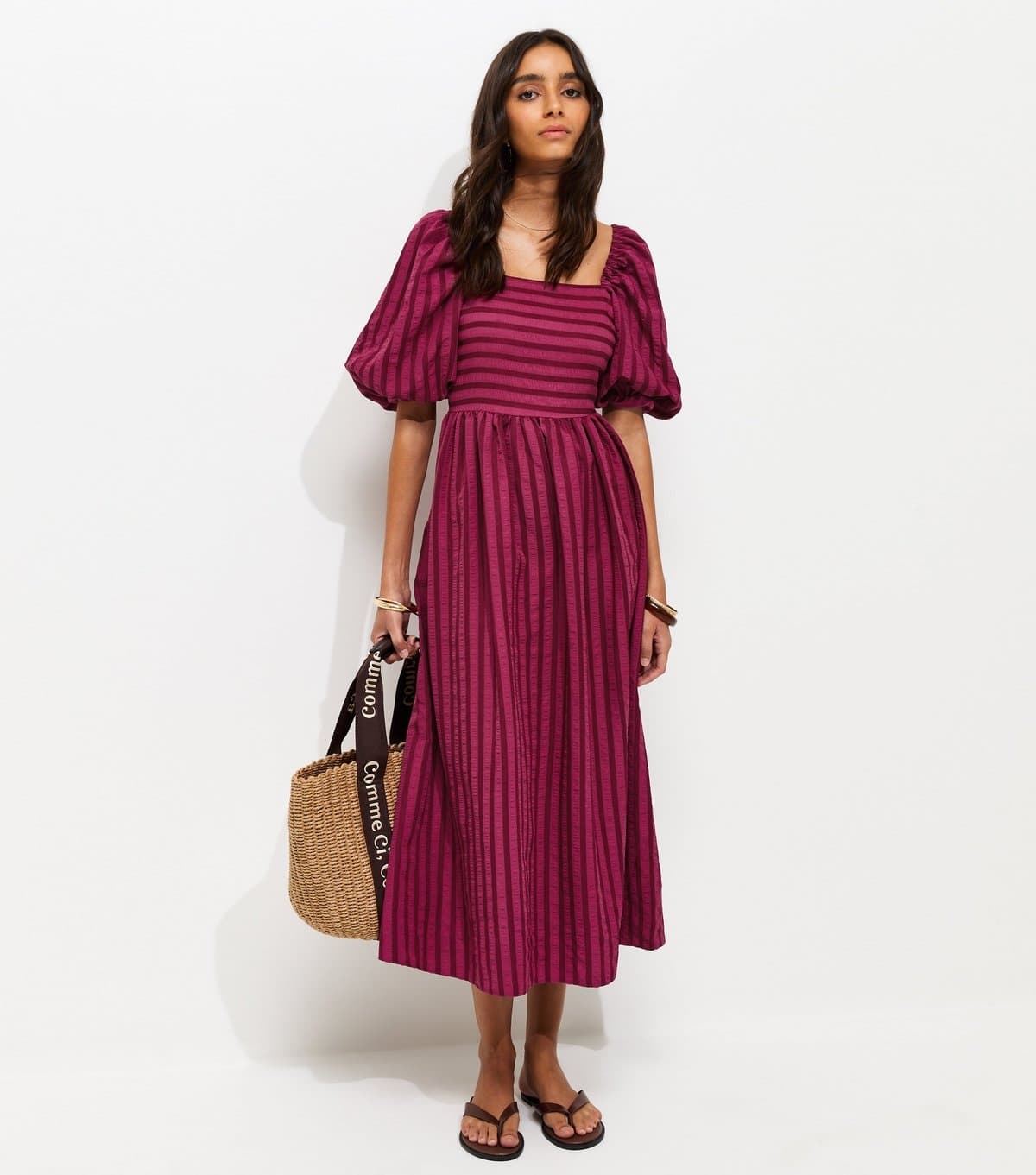 New Look Women's Dark Pink Puff Sleeve Striped Midi Dress New Look