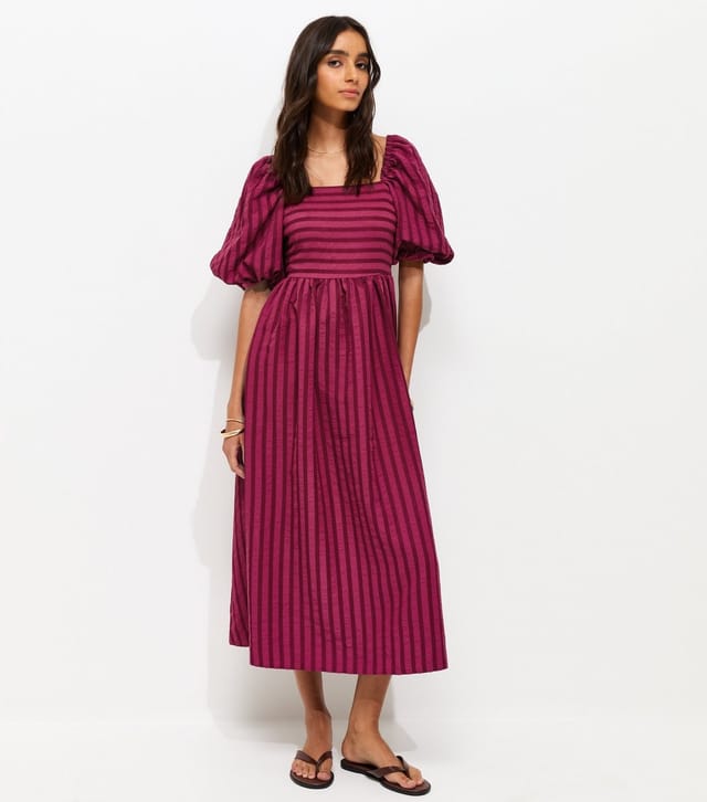 New Look Women's Dark Pink Puff Sleeve Striped Midi Dress New Look - 2