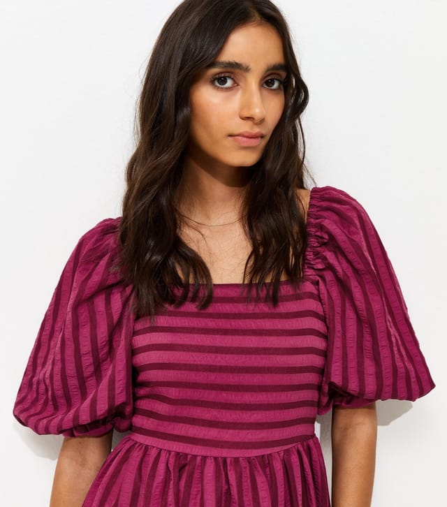 New Look Women's Dark Pink Puff Sleeve Striped Midi Dress New Look - 3