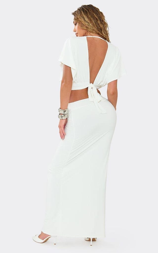 EGO Mid Rise Double Layered Maxi Skirt In Cream, Women's Size UK 6 - 2