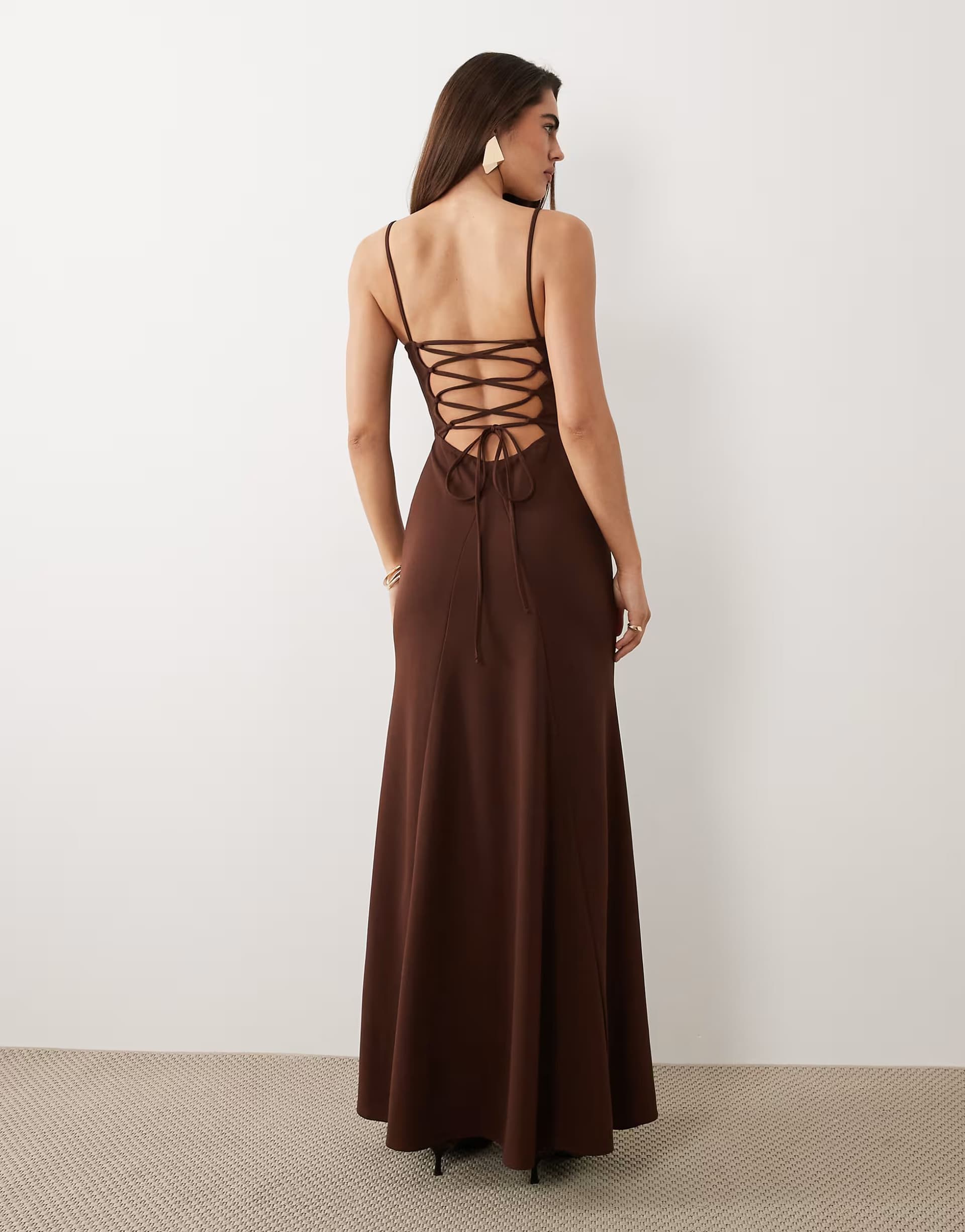 ASOS ASOS DESIGN square neck maxi with open lace up back in chocolate