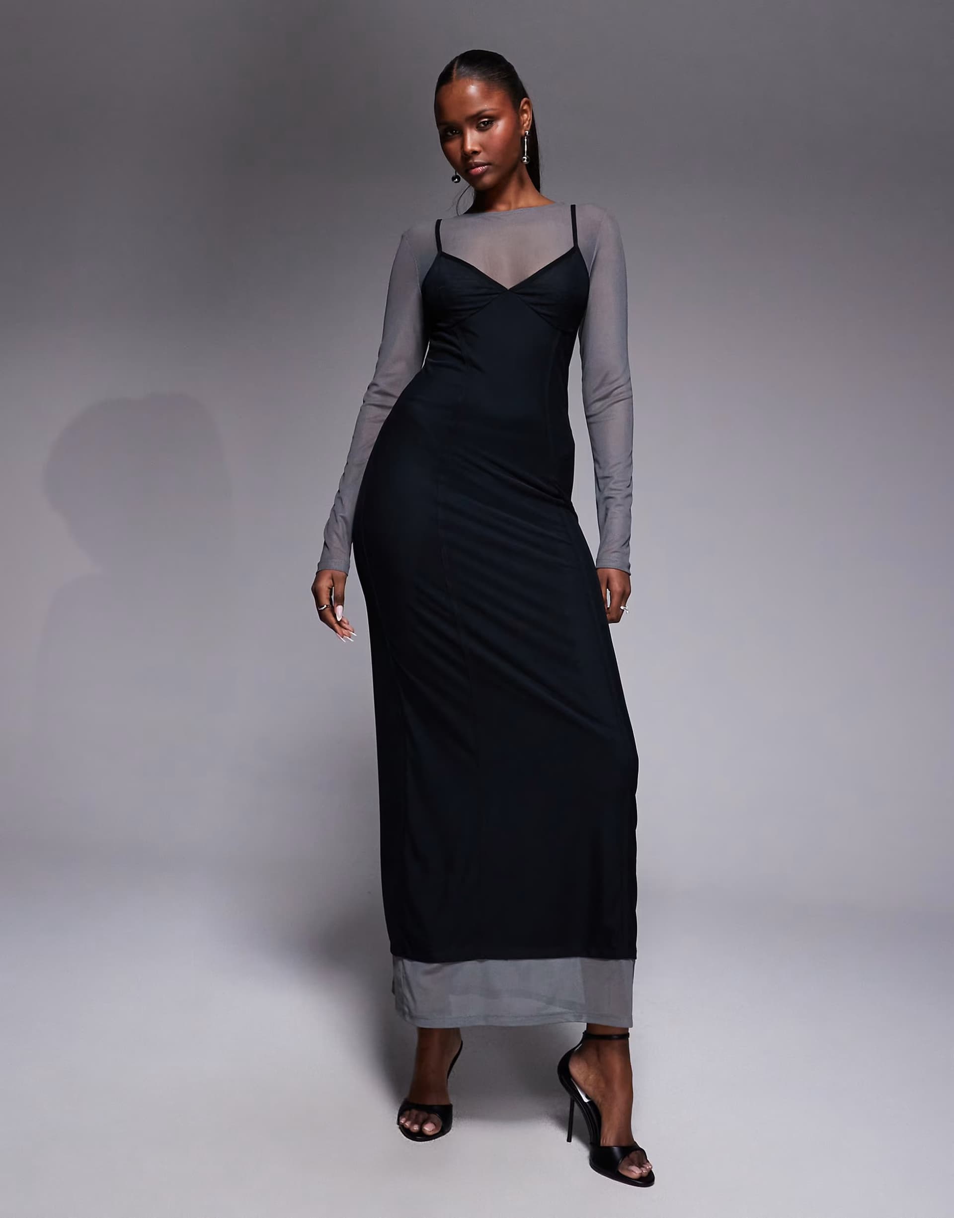 ASOS ASOS DESIGN mesh double layer corset maxi dress with seaming detail in charcoal
