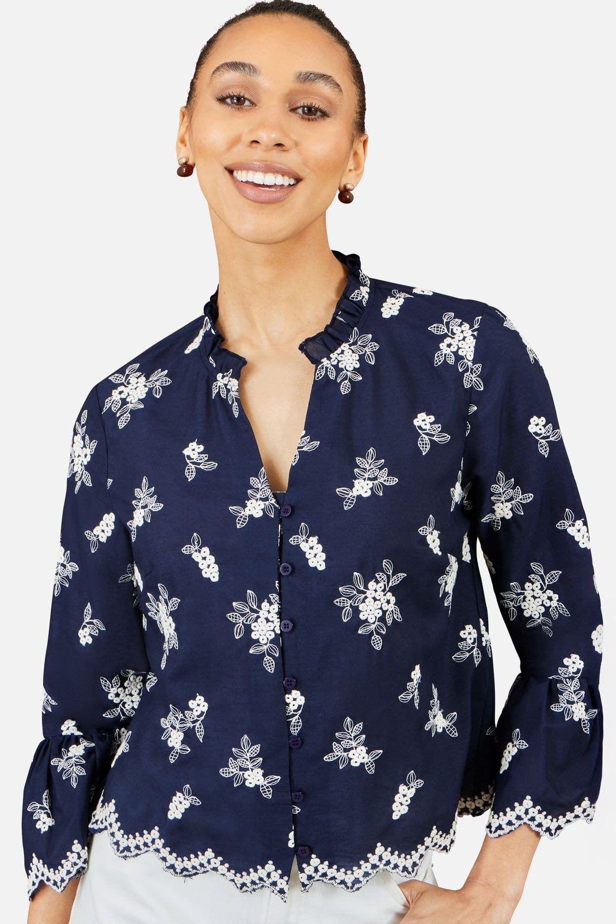 Yumi Yumi Women's Navy Broderie Shirt With Fluted Sleeves - 1