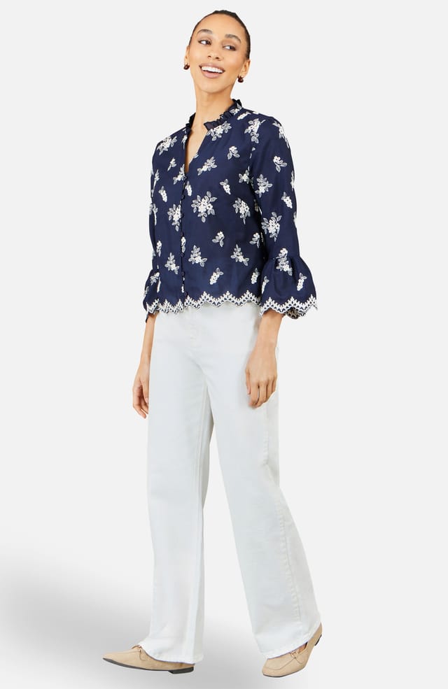 Yumi Yumi Women's Navy Broderie Shirt With Fluted Sleeves - 2