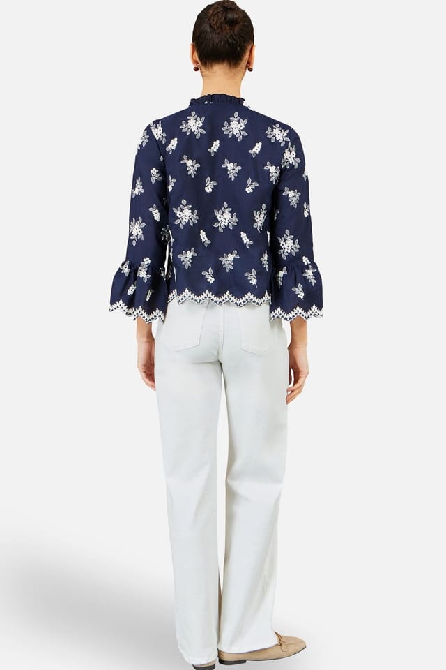 Yumi Yumi Women's Navy Broderie Shirt With Fluted Sleeves - 3