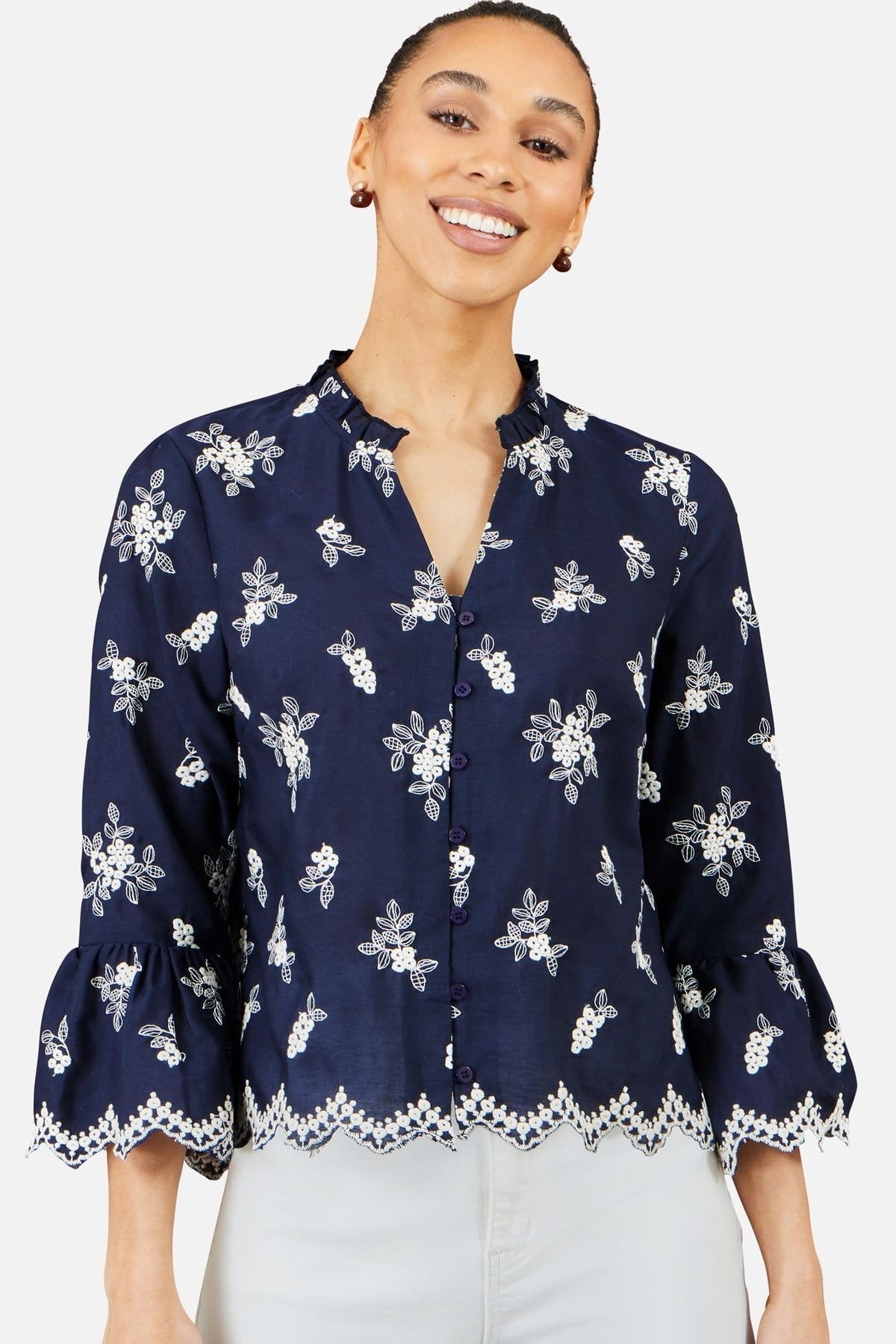 Yumi Yumi Women's Navy Broderie Shirt With Fluted Sleeves - 4