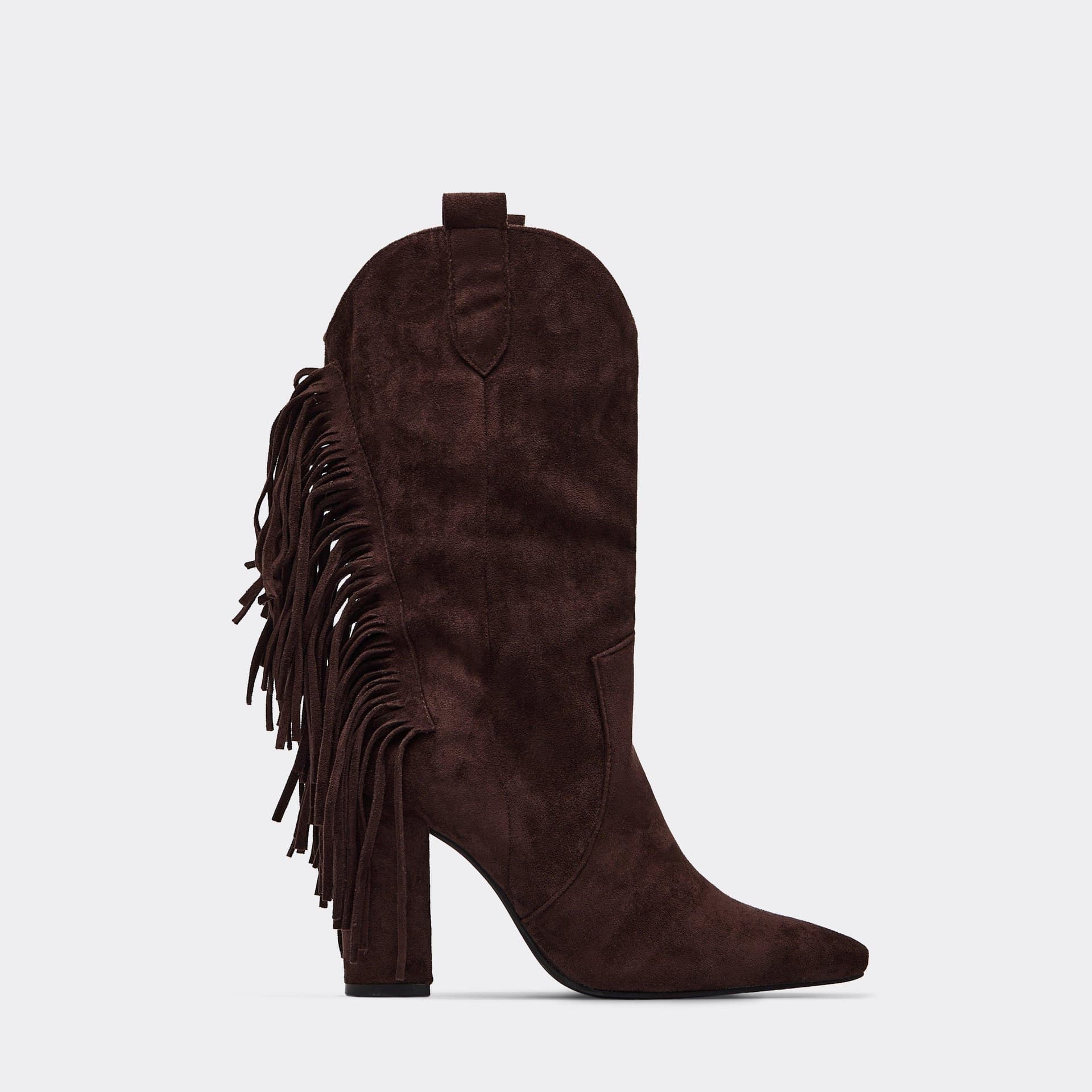 EGO Tate Fringe Detail Pointed Toe Mid Calf Block Heel Western Cowboy Boot In Brown Faux Suede, Women's Size UK 3