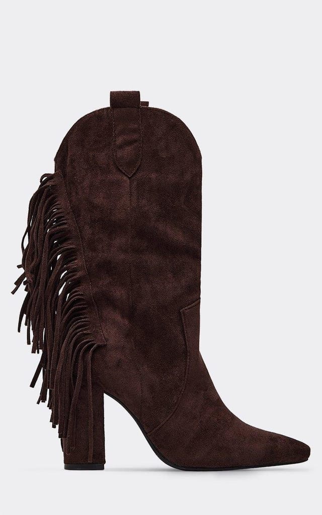 EGO Tate Fringe Detail Pointed Toe Mid Calf Block Heel Western Cowboy Boot In Brown Faux Suede, Women's Size UK 3 - 2